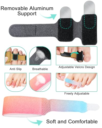 2Pcs Hammer Toe Straightener Broken Toe Splint with Removable Aluminum Plate and 2Pcs Fabric Wraps for Women & Men, Adjustable HammerToe Corrector for Curled & Bent Toe, Broken Support (Large) Large