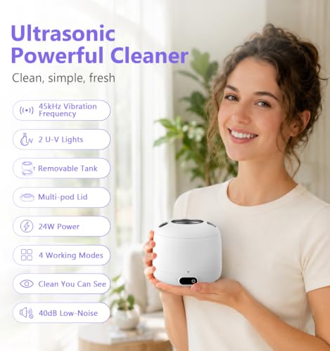 Voraiya Ultrasonic Retainer Cleaner Machine Waterproof Base and Denture Pod Ultra Sonic Cleaner Machine for Aligner, Retainers, Mouth Guards, Night Guards, Dental Trays Braces, Toothbrushes White
