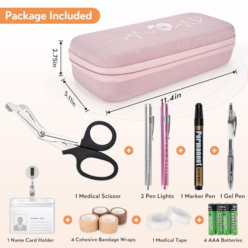 SMYV 17 pcs Stethoscope Case Kit, Nursing School Essentials Include Stethoscope Case, Medical Scissors, Pen Lights, Bandages, Ideal Gifts for Nurse Student Light Pink