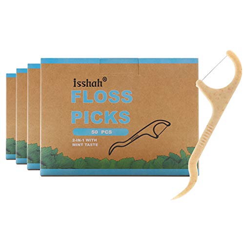 Isshah Bamboo Charcoal Toothbrushes 12 Count with Natural Dental Floss Picks 200 Count & Bamboo Cotton Swabs 500 Count