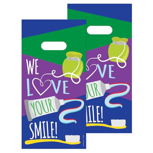Practicon We Love Your Smile 6" x 12" dental bag, dental hygiene patient care goodie bag, dentist office plastic gift bags, 100 pack 6" x 12"
