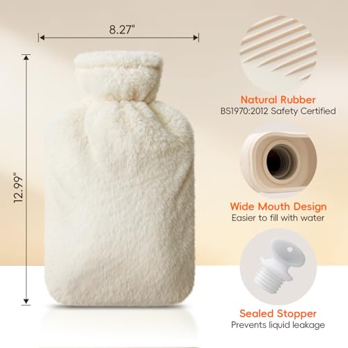Dawdix 2L Natural Rubber Hot Water Bottle with Cover, Leakproof Design for Hot & Cold Compress, Ideal for Menstrual Cramps/Hand & Feet Warmer/Neck & Shoulder Pain Relief, Ultra-Soft Touch, Cream White