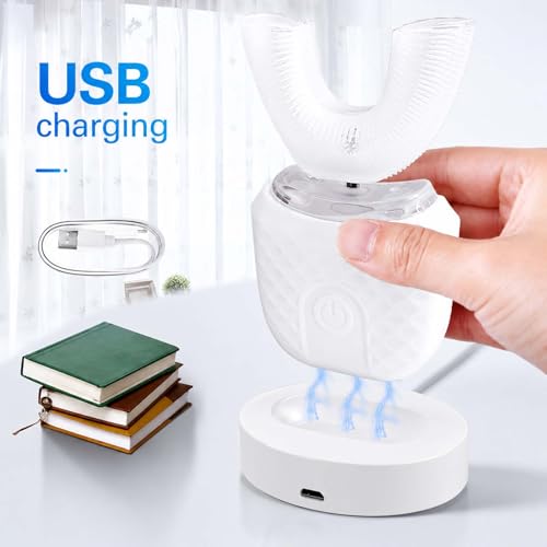 U-Shaped Electric Toothbrush for Adults, Ultrasonic Automatic Toothbrush, 360° All-in-One Cleaning, Rechargeable Hands-Free Design, IPX7 Waterproof White