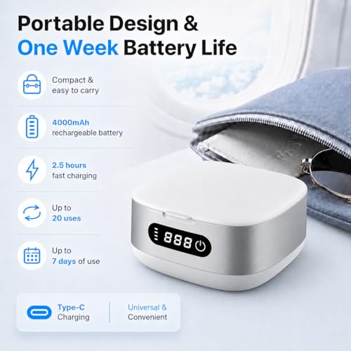 Voraiya Cordless Ultrasonic Retainer Cleaner Machine, 4000mAh Rechargeable Cleaning Pod with UV, IPX6 Portable Denture Cleaner for Mouth Guard, Night Guard, Invisalign Aligners, Adults & Travel Sliver White