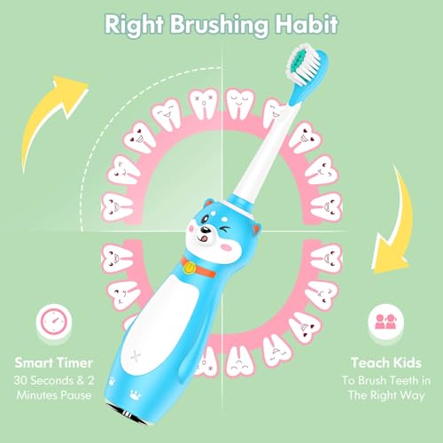 DADA-TECH Kids Electric Toothbrush Rechargeable, Sonic Silicone Teeth Brush with Timer for Children Boys Girls Ages 3+, 3 Modes with Memory, 4 Soft Brush Heads (Blue Shiba Inu Dog) Blue