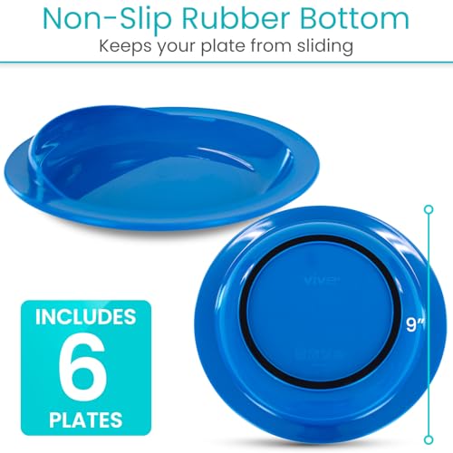 Vive Spill-Proof Scoop Plate, 9" (6 Pack) - Dish with Wall for Disabled, Handicapped, Elderly Adults with Special Needs from Parkinsons, Dementia, Stroke, Tremors with - Non Skid Padded Bottom Blue 1 Count (Pack of 6)