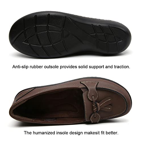 Maichal Loafers for Women Slip On Comfort Leather Dressy Shoes with Tassel 8 Brown