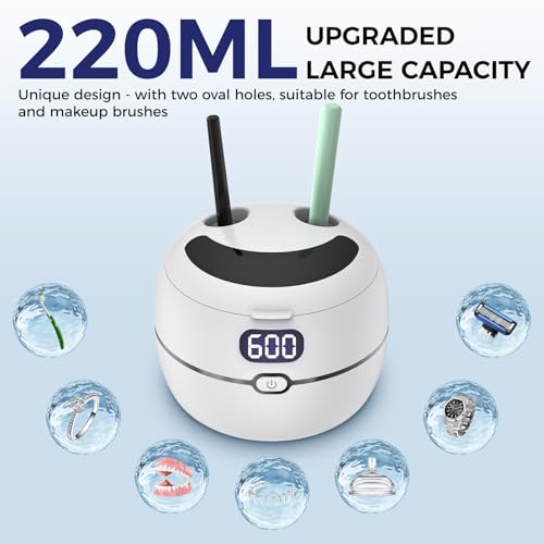 Ultrasonic Retainer Cleaner Machine for Dentures, Mouth Guards, Braces, Toothbrush Heads, Jewelry, 220ML Capacity Ultrasonic Cleaner with Digital Timer&UV, 2 Modes for All Dental Appliances，White