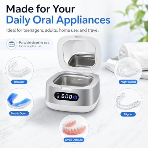 Voraiya Cordless Ultrasonic Retainer Cleaner Machine, 4000mAh Rechargeable Cleaning Pod with UV, IPX6 Portable Denture Cleaner for Mouth Guard, Night Guard, Invisalign Aligners, Adults & Travel Sliver White
