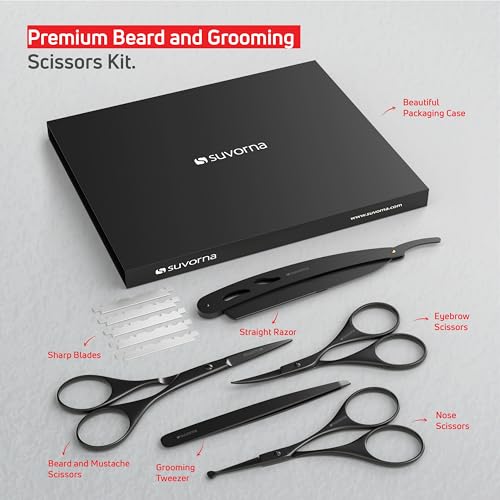 Suvorna Premium Beard & Mustache Set with Beard scissors for men, Straight Razor with blades- Facial Hair/Nose/Eyebrow Scissors - Slant Tweezers (6 Pcs Black) 4.5" Beard & Mustache Scissors