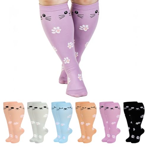 Jspupifip 6 Pairs Plus Size Compression Socks for Women, Wide Calf 4X-Large Black, Gray, Blue, Purple, Pink, Khaki