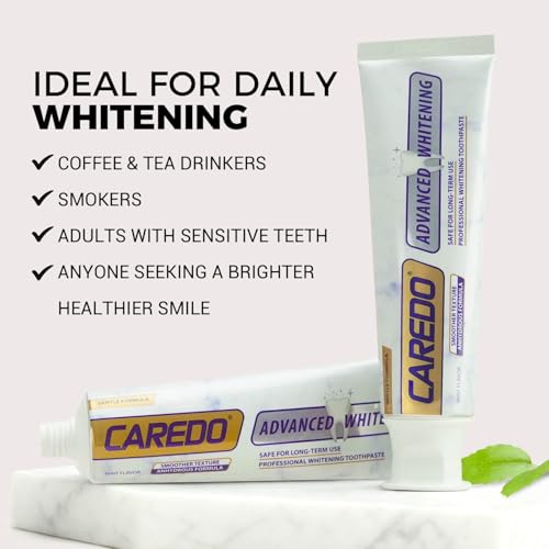 CAREDO Triple Whitening Toothpaste for Sensitive Teeth, Gentle Fluoride-Free Nano-Hydroxyapatite & Advanced Enzyme, Deep Clean Stain Removal, Lasting Brightness Remineralizing Toothpaste, Minty 3.52OZ