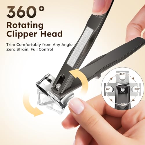 360° Rotating Nail Clippers for Seniors with Arthritis, Ergonomic Long Handled Toenail Clippers for Thick Nails for Seniors, Heavy Duty Fingernail Clippers with Catcher Wide Opening Sharp Nail Cutters
