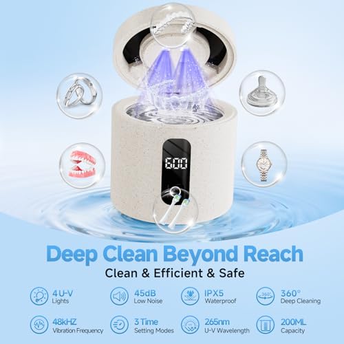 Ultrasonic Retainer Cleaner Machine, 45kHz ultrasonic Cleaner for Denture/Jewelry/Toothbrush with 4 Cleaning Modes, Digital Timer, 200ML Mouth Guard Cleaner for Aligner Beige