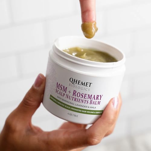 Qhemet Biologics MSM + Rosemary Scalp Nutrients Balm | Food for Hair Growth | MSM, Rosemary, Bhringraj, Castor Oil & Coconut Oil | For Dry Scalp, Thinning & Slow Growth | Vegan (4 oz)