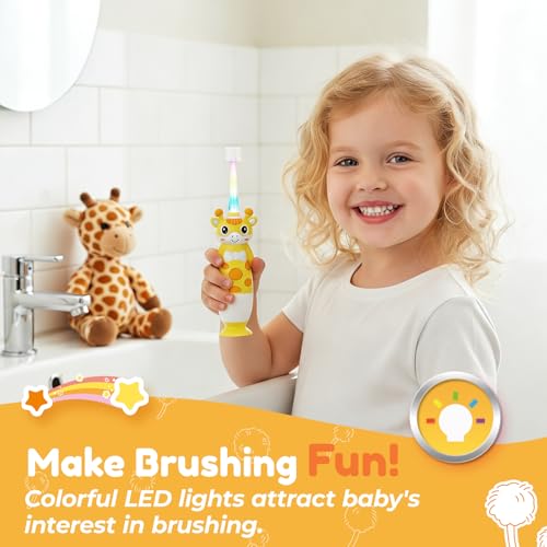 Toddler Electric Toothbrush, Baby Ages 3+ Battery Powered with Unique 360 Brush Head, Gentle Soft Bristles with Timer and LED Light, Vibrating Kids Toothbrush for Girls Boys (Giraffe) Yellow