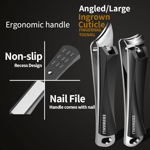 EBEWANLI Nail Clippers Set, Ultra Sharp Nail Clippers for Men, Slanted Angled Ingrown Toenail Clipper and Curved Fingernail Clipper Cutters, Stainless Steel Finger Nail Clippers Adult Black-set