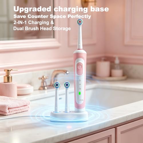 Rotating Electric Toothbrush for Adults with 8 Brush Heads, Rechargeable Power Toothbrush with Smart Timer, 70-Day Battery Life, 3 Modes S3 (Pink) Pink