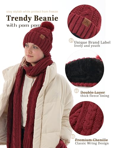 Hat Scarf And Gloves Set For Women, Womens Beanie Hats Thermal Touchscreen Gloves Scarf Scarves, Winter Accessories Sets Burgundy