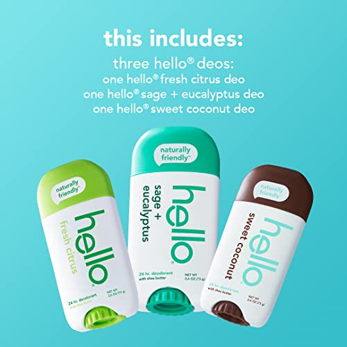 Hello Activated Charcoal Toothpaste 3 Pack and Hello Deodorant Variety Pack with Sweet Coconut, Fresh Citrus, White Sage Eucalyptus, 3 Pack
