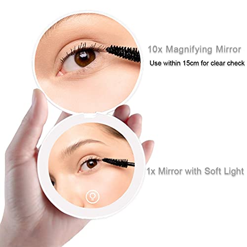 Compact Mirror with LED Light,1x/10x Magnifying Rechargeable Mirror,3.5in, Dimmable Travel Mirror for Purse,Pocket,Handheld 2-Sided Makeup Mirror Pink+white