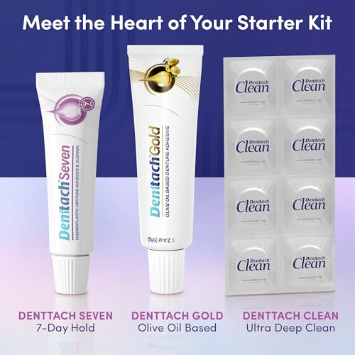 Denture Starter Kit, 9 Piece Kit Includes Denttach Seven Thermoplastic Denture Adhesive, Gold Denture Adhesive, Clean Tablets, Case, Brush, Scissors, Tweezers, Microfiber Towel & Travel Case