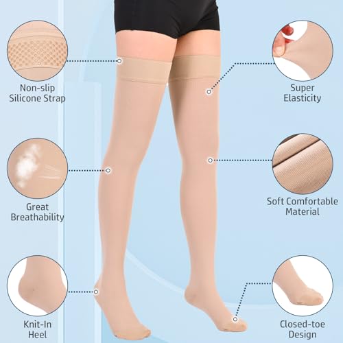 Athbavib 20-30 mmHg Thigh High Compression Stockings for Women Men Large Closed Toe-Beige