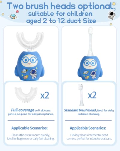 Kids U-Shaped Electric Toothbrush, 4 Brush Head, Age 2-12, Blue