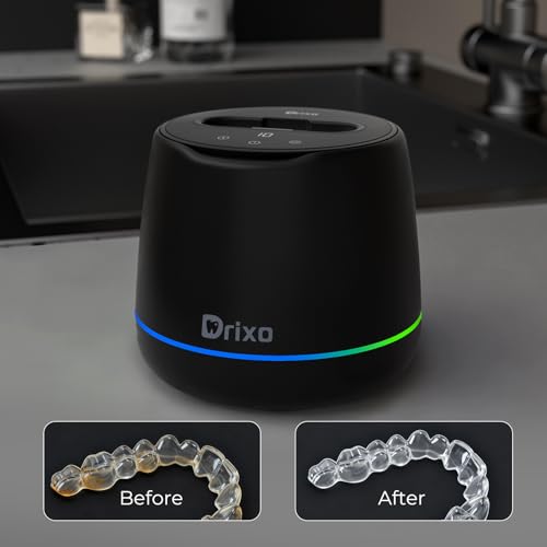 Drixo Ultrasonic Retainer Cleaner Machine, IPX6 Waterproof Dental Cleaning Pod, 3 Modes Denture Cleaner for Night Guard Mouth Guard Braces, 45kHz Denture Dome with UV Light, 200ML Tank, Jet Black