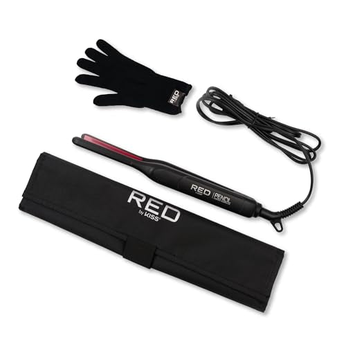 Red by Kiss Pencil Flat Iron, 0.3 Inch Tourmaline Ceramic Mini Hair Straightener, Up to 450°F for Short to Medium Hair, Pixie Cuts, Bangs & Edges, Includes Travel Pouch & Heat-Resistant Glove
