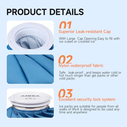 ANMIA Ice Pack Bags with Wrap for Injuries Reusable, Cold Pack Water Bag Hot Bag for Pain Relief, Leak-Proof Elastic Ice Bag, Size 9'' 9" with Wrap