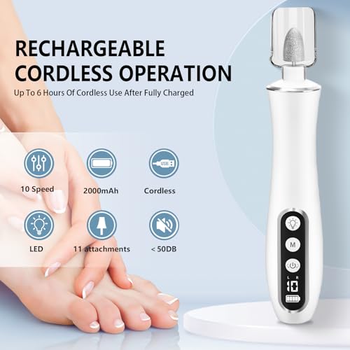 Electric Nail File Drill Cordless 2000 mAh Rechargeable 10-Speed Nail Filer White