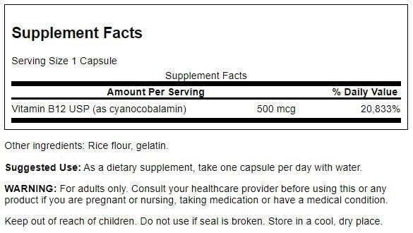 Swanson Vitamin B-12 (Cyanocobalamin), 500 mcg, 100 Capsules | Important for Energy Production, Metabolic Health, and Red Blood Cell Production, Supports Cardiovascular Health 100 Count (Pack of 1)
