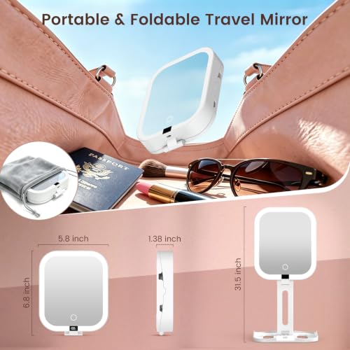 Travel Makeup Mirror with Lights,1X/10X Magnifying Mirror Foldable
