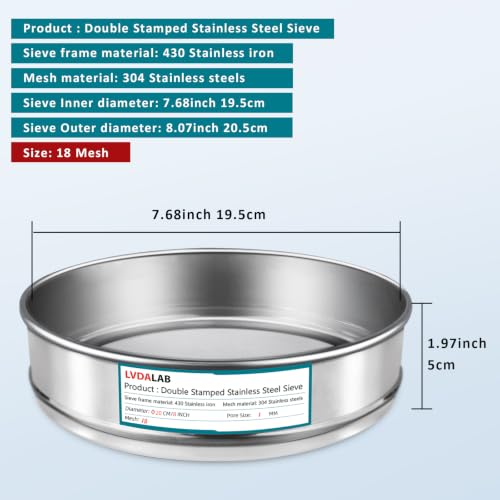 304 Stainless Steel Mesh Lab Sieve, 18 Mesh (1mm) Aperture Test Sieve, 7.9Inch(20cm) Diameter Economy Standard Analysis Sample Test Sieves for Industrial Laboratory Homes 18Mesh(1mm)/Ф7.9in