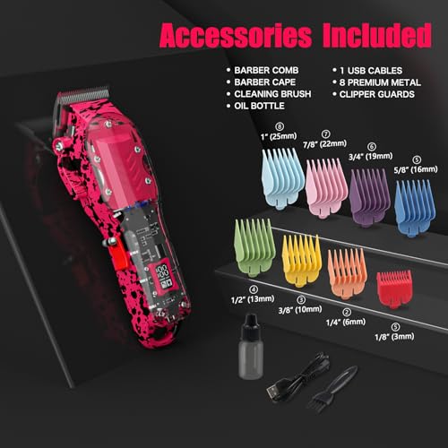 Professional Hair Clippers for Woman, Cordless Barber kit for Hair Cutting & Grooming, Hair Clippers Set for Barber Haircut with LED Display 8 Fade Taper Combs(Pink) Pink