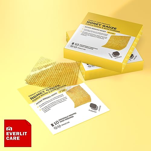 EVERLIT CARE Manuka Honey Dressing | Sterile Non-Adhesive Pads with Unadulterated Medical-Grade Honey | Advanced Healing for Burn, Chronic Wound, Donor Sites, Pressure & Diabetic Ulcer (4" Gauze) 4" Gauze