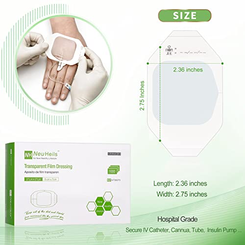 NeuHeils Transparent Film Dressing 2 3/8'' x 2 3/4'', 200 Pack, Waterproof Wound Cover Bandage, Clear IV Catheter Tape, Adhesive Patch, Shower Shield 2 3/8'' x 2 3/4'' (Pack of 2)