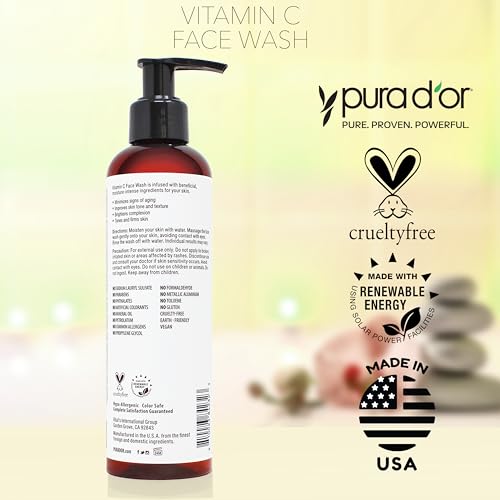 PURA D'OR Vitamin C Face Wash (8oz x2 = 16oz) Antioxidant Rich Facial Cleanser For Radiant Glow & Even Skin Tone - Gentle, Refreshing, Nurturing, Hydrating, Sulfate & Paraben Free Formula Citrus 8 Fl Oz (Pack of 2)