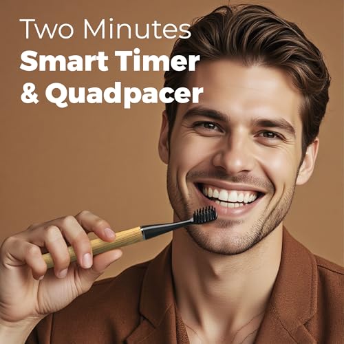 MIPOW Brush GO SlimPro i4 Electric Toothbrush Rechargeable Smart Ultra Sonic 3 Modes, Travel Case & Ceramic Dock, 60Day Battery Soft Bristles 2 Heads IPX7 Waterproof, Color-Woodgrain Edition