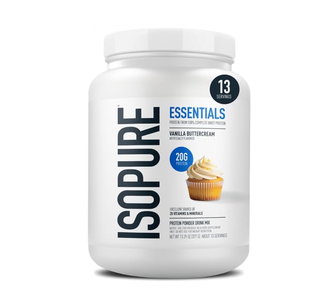 Isopure Essentials 100% Whey Protein Powder, with Vitamins, 20g Protein Per Serving, Vanilla Buttercream, 13 Servings (Pack of 1) | 20g Complete Whey Protein Per Serving, with Added Vitamins for Immune Support & Muscle Recovery, Decadent Rich Flavor