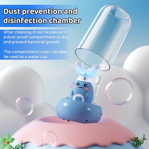 Kids U Shaped Electric Toothbrush, with 3 Cleaning Modes, with 4 Brush Heads, 360° Sonic Automatic Toothbrush, IPX7 Waterproof Cartoon Dinosaur Design (Ages 2-12) Dark Blue+c