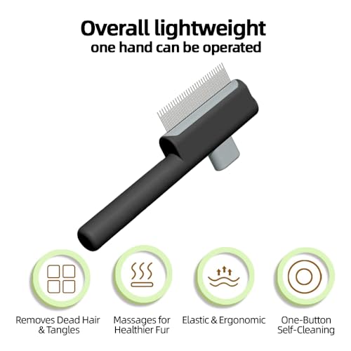 Marchul 2Pcs Pet Comb Flea Comb Set for Cats Dogs, Cat Grooming Brush with Release Button and Stainless Steel Round Teeth, Self-Cleaning Dog Combs for Removing Pet Hair, Knots & Loose Fur, Black Black Set