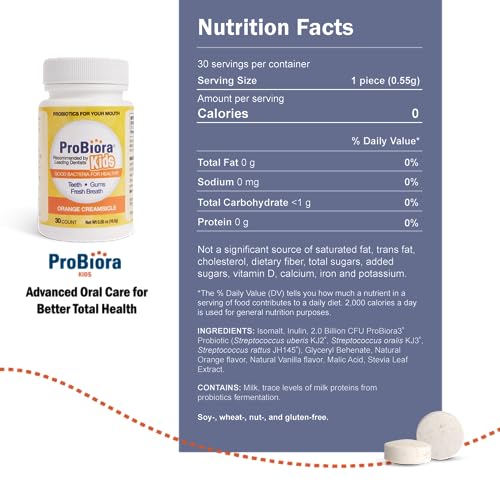 ProBiora Kids Oral-Care Chewable Probiotic Tablets | Probiotic Supplement Designed Specifically for Kids | Healthier Teeth & Gums | Fresher Breath | Whiter Teeth (30 Count, Orange) 30 Count (Pack of 1)