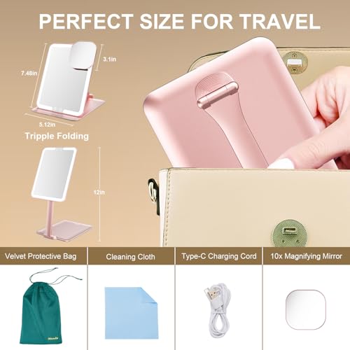 Mocado Travel Makeup Mirror with Light, Foldable Lighted Makeup Mirror Rose Gold 7.5"L x 5"W