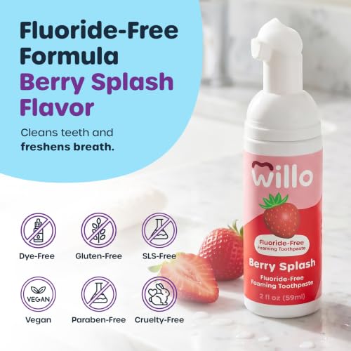 Willo Fluoride-Free Foam Kids Toothpaste, 4-Pack, 2 Fl Oz, Berry Splash 2 Fl Oz (Pack of 4)