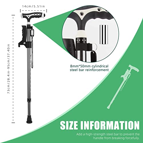 Hold 440 Lbs Walking Cane for Men & Women Aluminum Alloy Lightweight Height Adjustable Walking Stick Heavy Duty Foldbale Free Standing Cane with LED for Seniors Adults Black