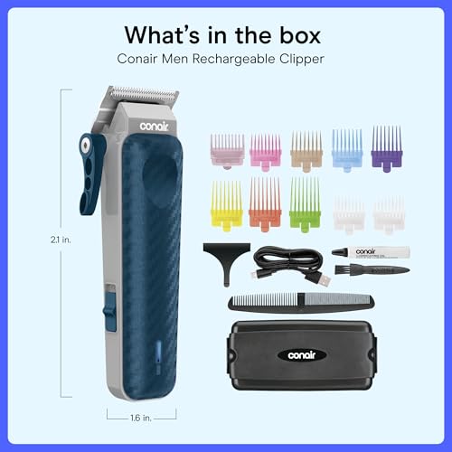 Conair Rechargeable Hair Clippers Kit, Color-Coded Guide Combs, 17 Pieces
