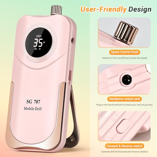 JEWHITENY Professional Rechargeable Nail Drill 35000 RPM, SG707 Electric Nail File with 6 Drill Bits for Acrylic Nails Gel Polishing Removing(Pink) Pink