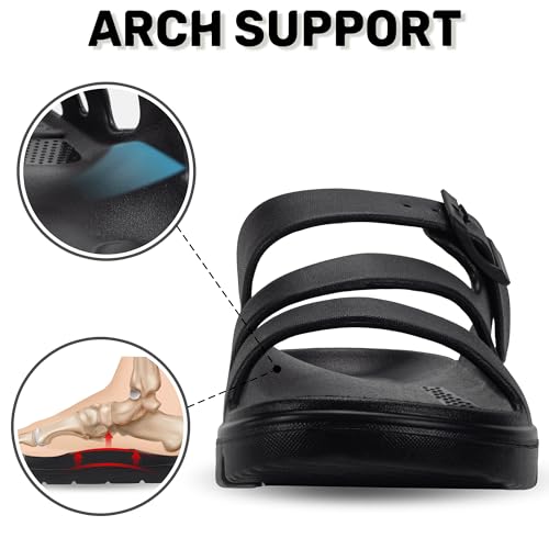 PIMIO Arch Support Sandals for Women Slip On Recovery Slides for Plantar Fasciitis Relief, Non-Slip Lightweight Slippers With Thick Cushion For Waking Foot Pain & All-Day Comfort 7 Black